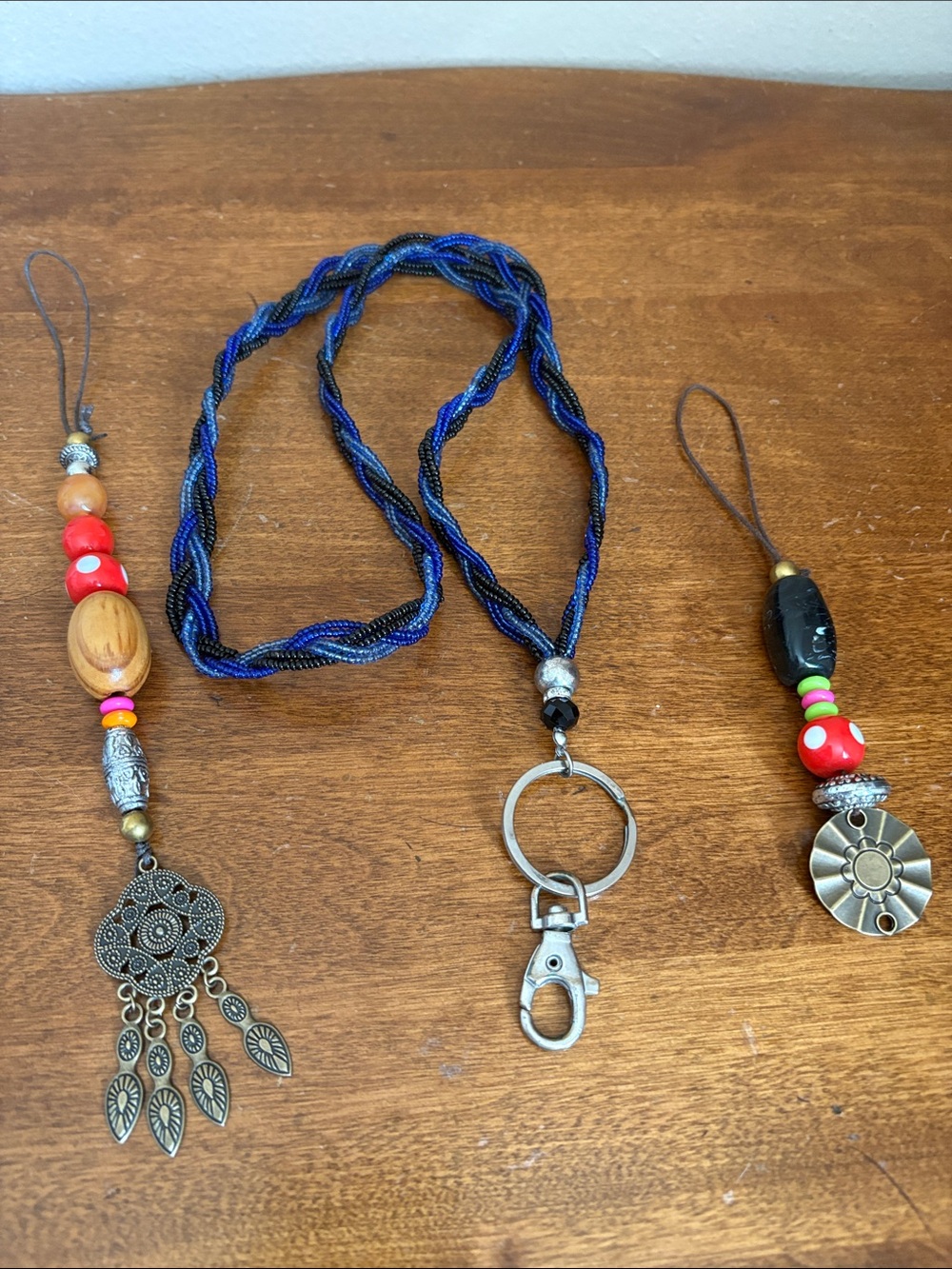 Handmade Blue and Black Beaded Lanyard Keychain